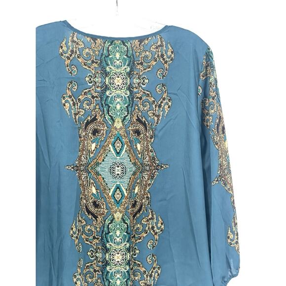 Roz & Ali Womens Boho 1X Teal Baroque Print Blouse 3/4 Sleeve Bubble Hem Top - Picture 9 of 16
